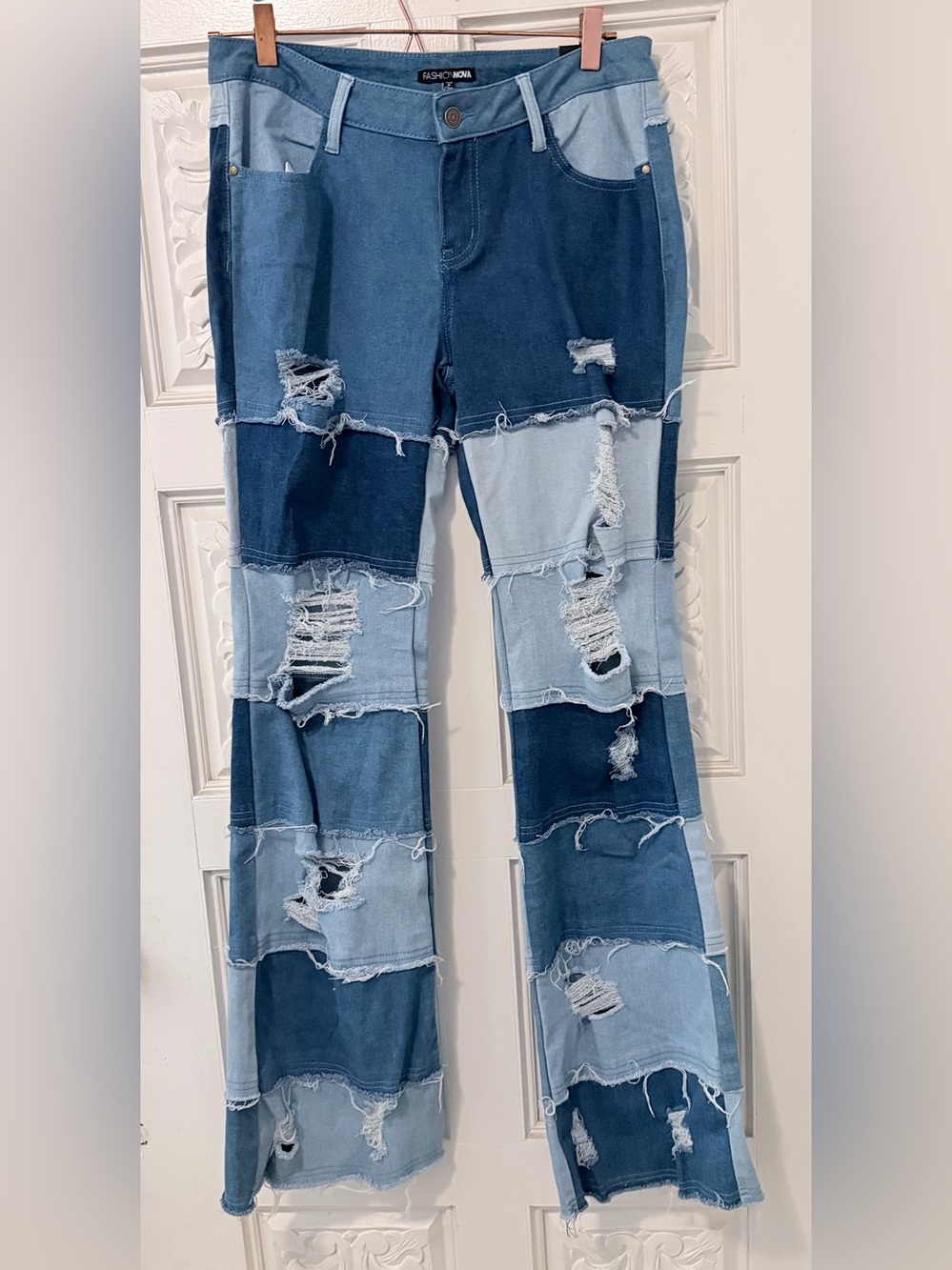 Fashion Nova Blue Denim Patchwork Distressed Jeans 9